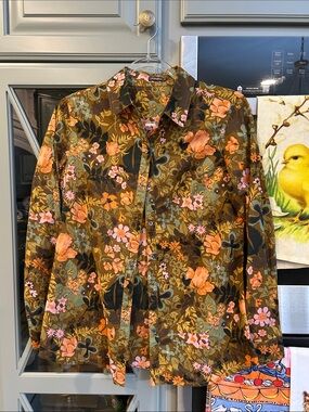 J. McLaughlin Brown Floral Cotton  Button-Down Shirt with Orange & Pink Accents